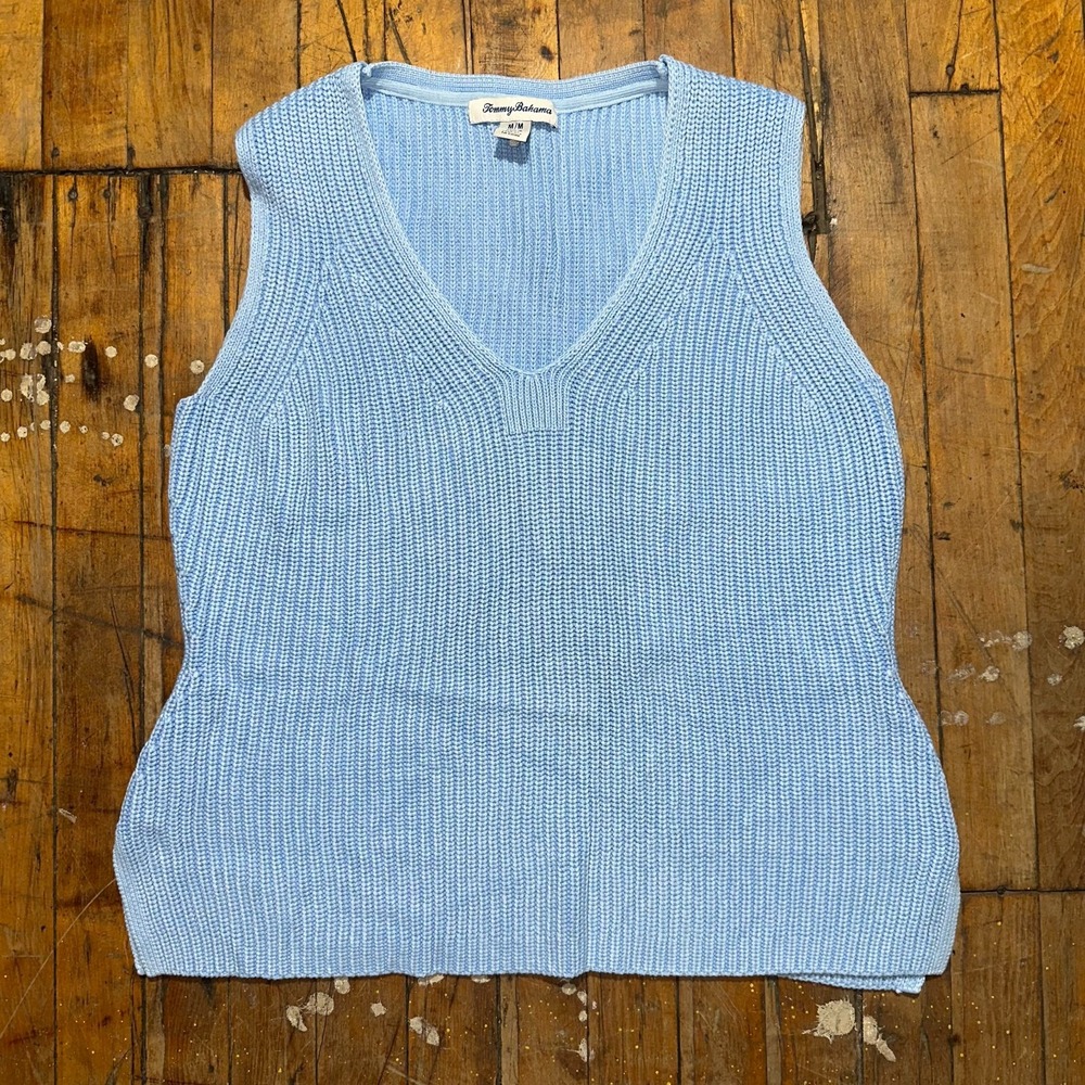 Tommy Bahama Sweater Vest Women's Medium Blue Knit Sleeveless V Neck Pullover